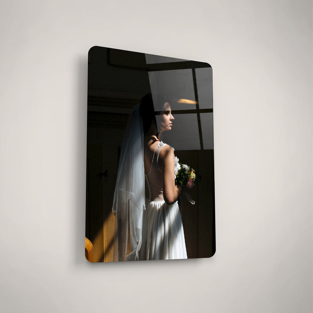 Personalized anniversary glass photo frames displayed in a modern interior, perfect for celebrating love and special moments.