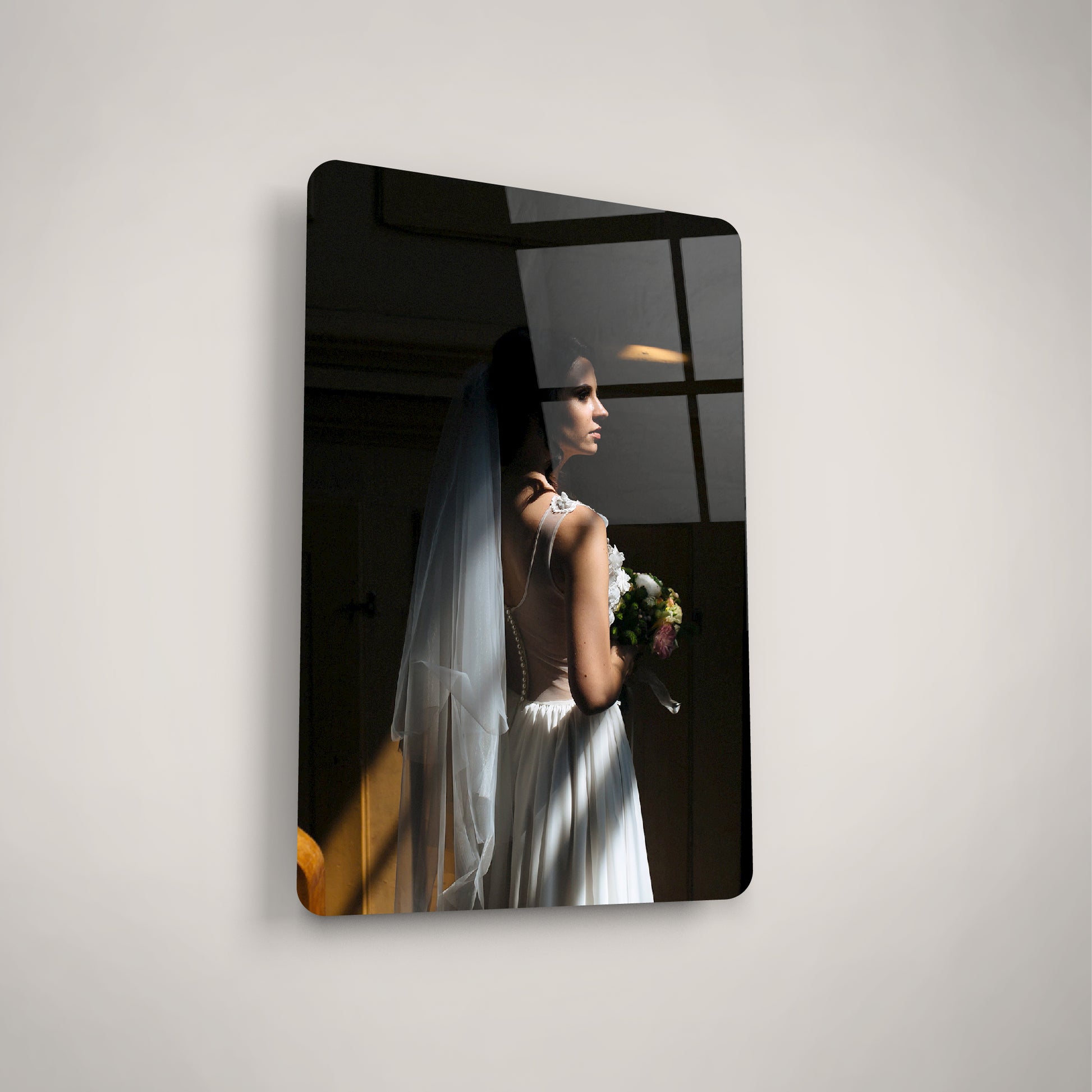 Personalized anniversary glass photo frames displayed in a modern interior, perfect for celebrating love and special moments.