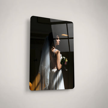 Personalized anniversary glass photo frames displayed in a modern interior, perfect for celebrating love and special moments.