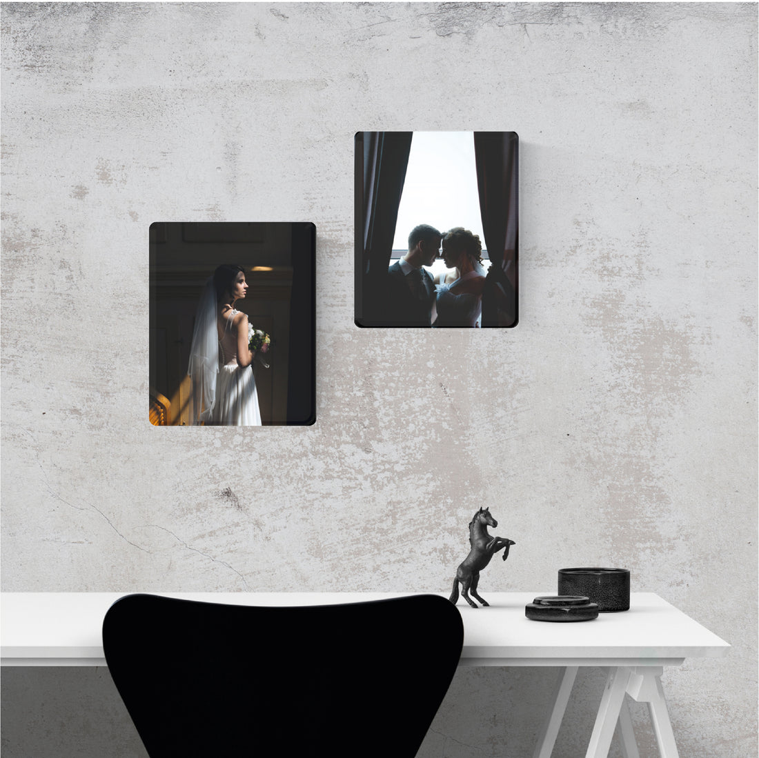 Personalized anniversary glass photo frames displayed in a modern interior, perfect for celebrating love and special moments.