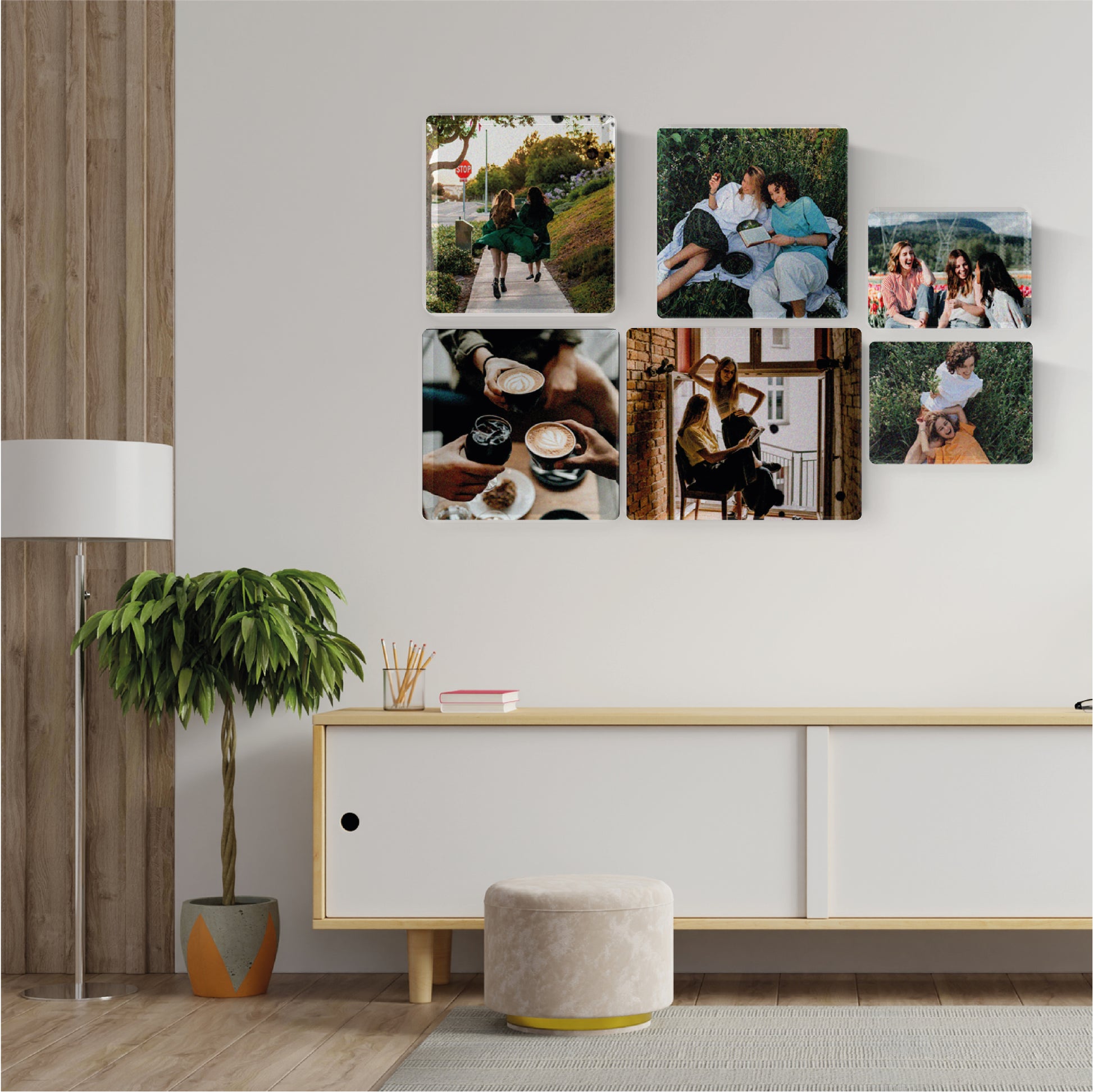 Personalized memory wall art with real glass photo frames, beautifully displayed in a modern home interior, capturing cherished life moments.